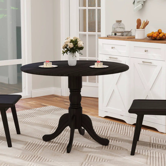 DirectDeals dark-stained round wooden dining table with curved pedestal legs in a white kitchen on Tampa Home & Garden Store