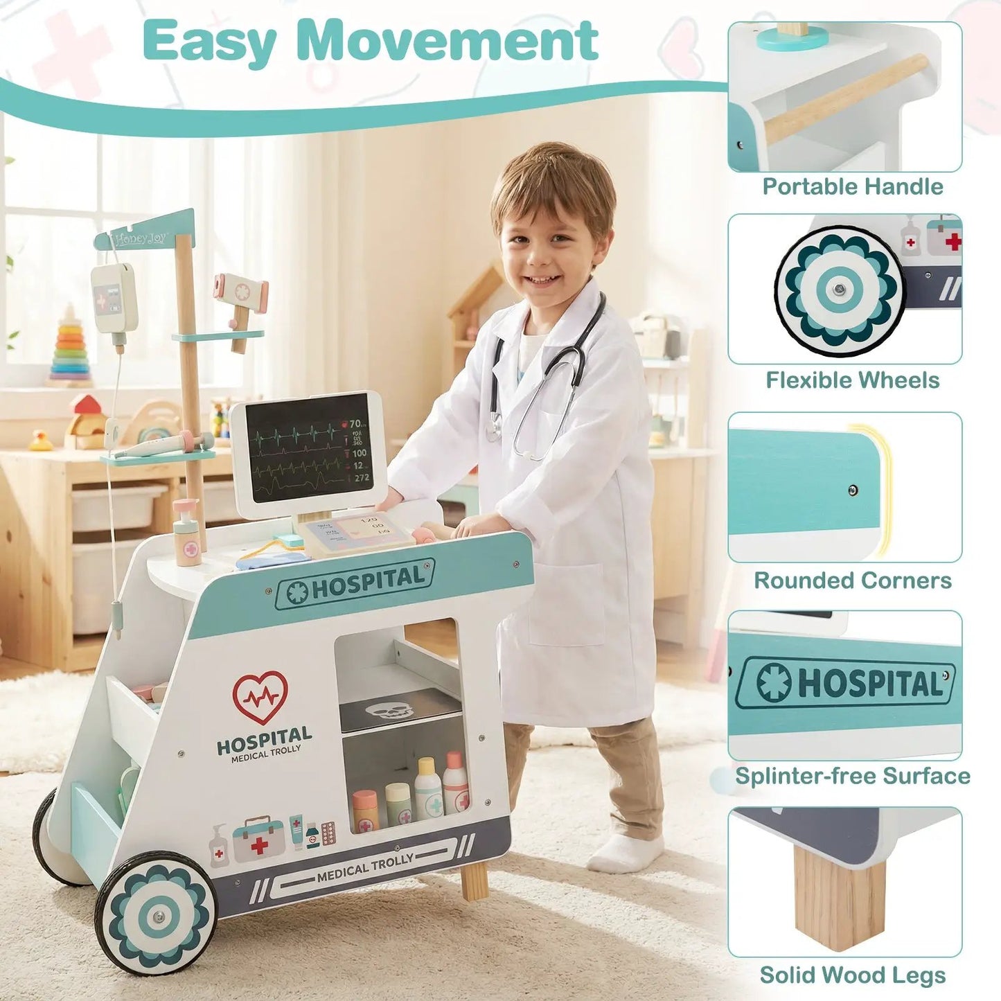 Wooden doctor playset with wheeled medical cart for kids in teal and white on Tampa Home & Garden Store