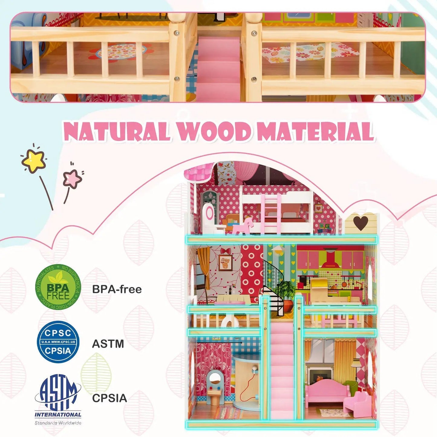 Doll House Playset 3-story 6-room in natural wood with pink staircase and colorful interiors on Tampa Home & Garden Store