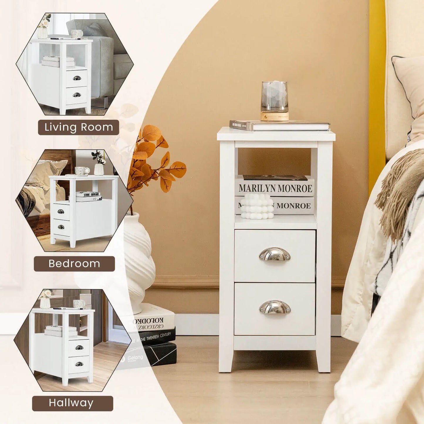 Wooden end table with 2 drawers and open shelf, white finish, DirectDeals on Tampa Home & Garden Store