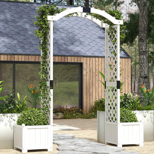 Wooden garden arbor with planter boxes and lattice trellis, ivy-clad arch in yard on Tampa Home & Garden Store