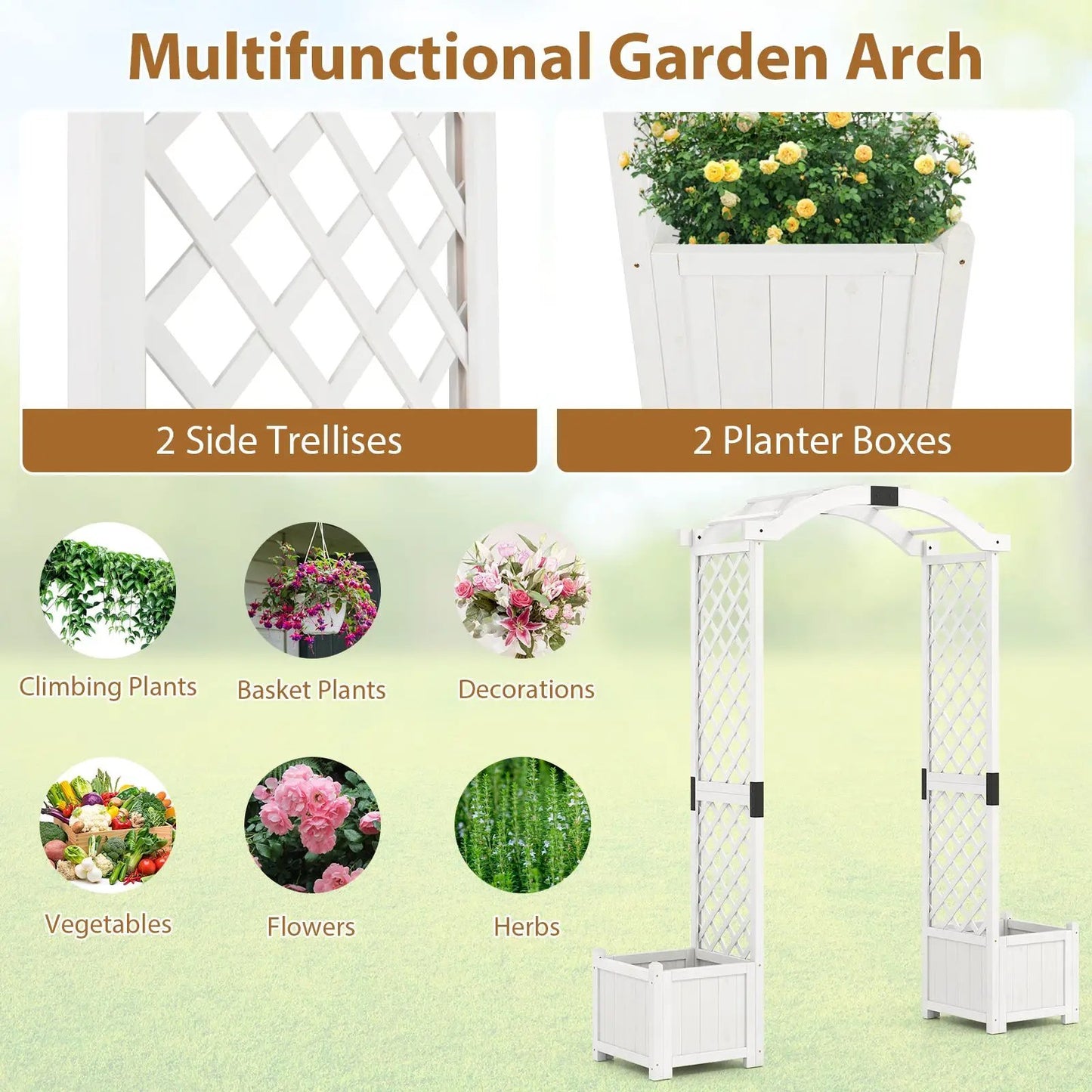 Wooden garden arbor with planter boxes and lattice trellises DirectDeals Arbors on Tampa Home & Garden Store