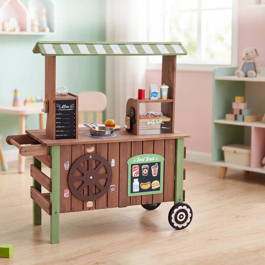 Wooden grocery store playset on wheels by DirectDeals; green trim and chalkboard menu on Tampa Home & Garden Store