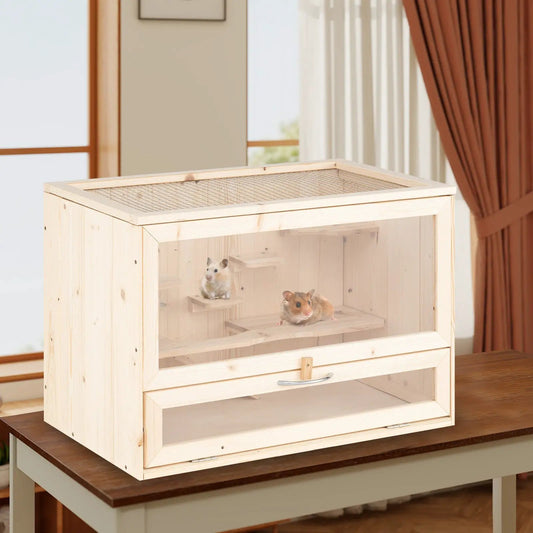 Wooden hamster cage with mesh flip roof, natural wood finish, two hamsters inside on Tampa Home & Garden Store