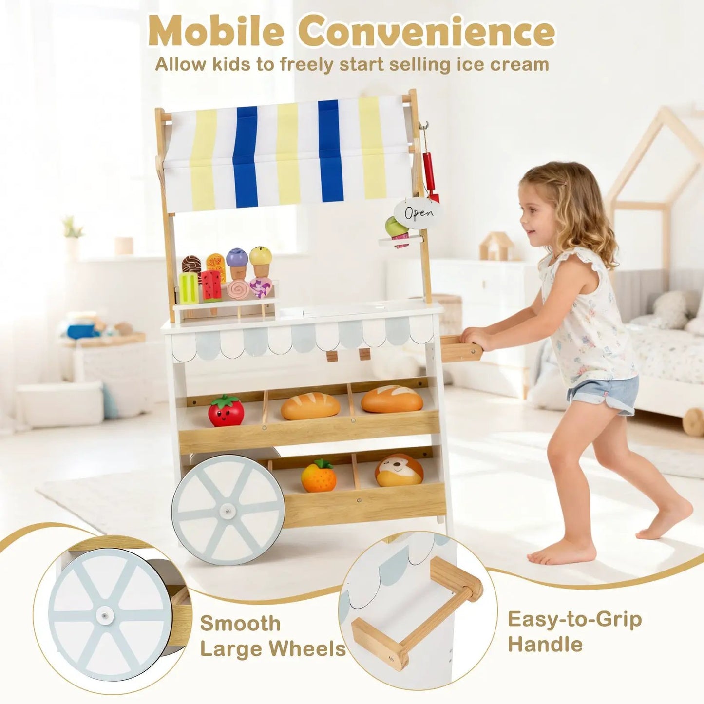 Wooden ice cream cart playset by DirectDeals with striped blue-yellow canopy, display shelves, colorful pretend cones and large wheels on Tampa Home & Garden Store