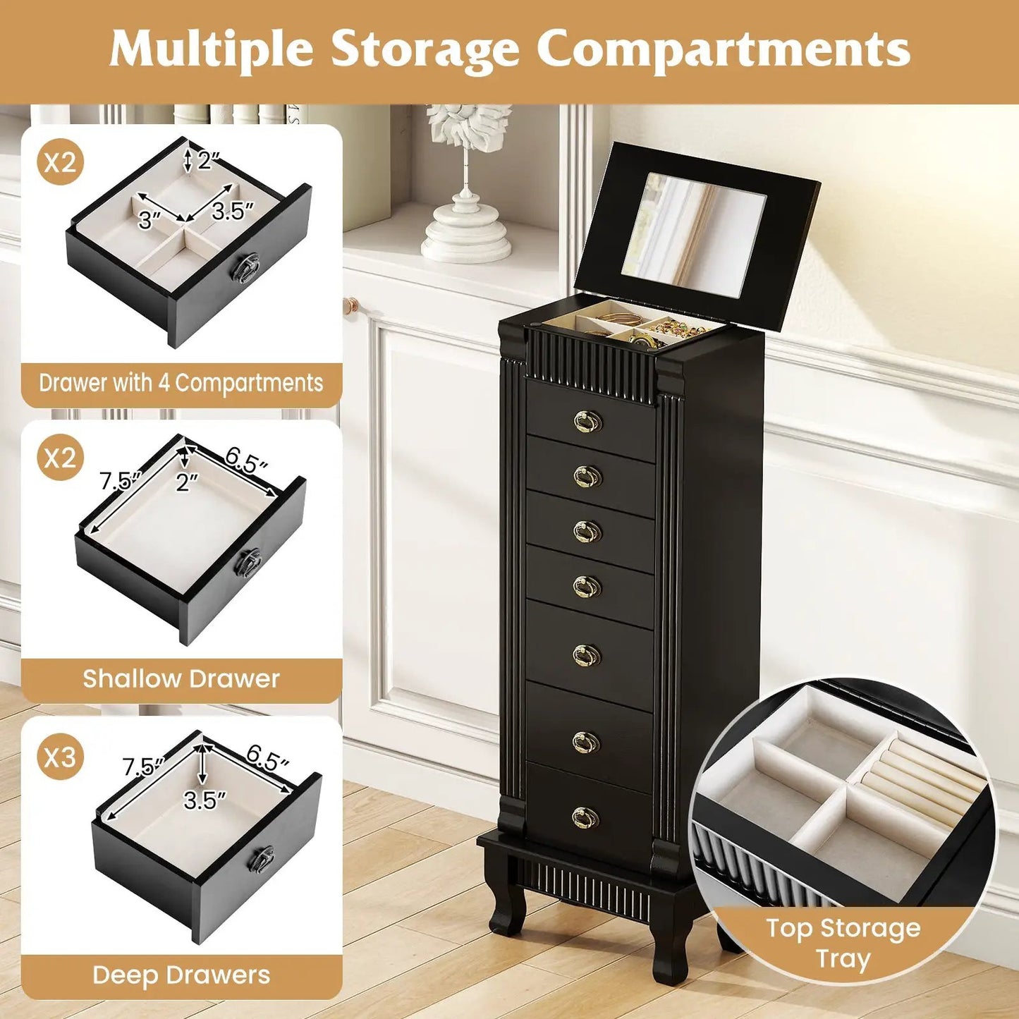 Wooden jewelry armoire cabinet by DirectDeals, black with drawers and a lid mirror top tray on Tampa Home & Garden Store