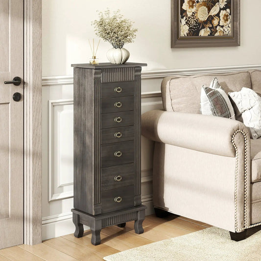 Wooden jewelry armoire cabinet with multiple drawers and brass ring pulls in a dark gray finish on Tampa Home & Garden Store