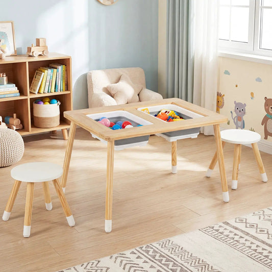 Wooden kids activity table with double-sided boards in natural finish on Tampa Home & Garden Store
