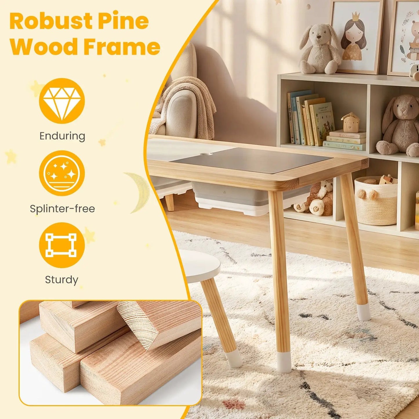 Wooden Kids Table Set with Double-Sided Boards, natural pine finish, DirectDeals activity table on Tampa Home & Garden Store