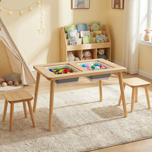 Wooden Kids Activity Table Set with 2 Foldable Storage Bins-Natural - Tampa Home & Garden Store