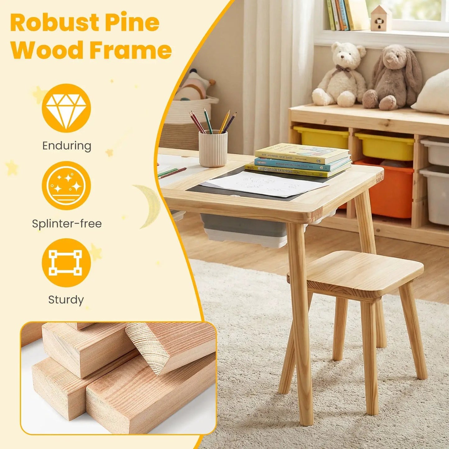 Wooden Kids Activity Table Set with Storage Bins in natural finish, 2 foldable bins DirectDeals on Tampa Home & Garden Store