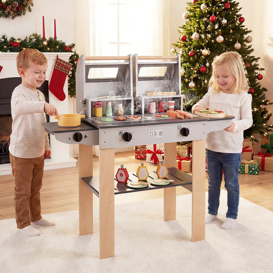 Wooden kids barbecue grill playset with two grills, wooden utensils and colorful play foods on Tampa Home & Garden Store