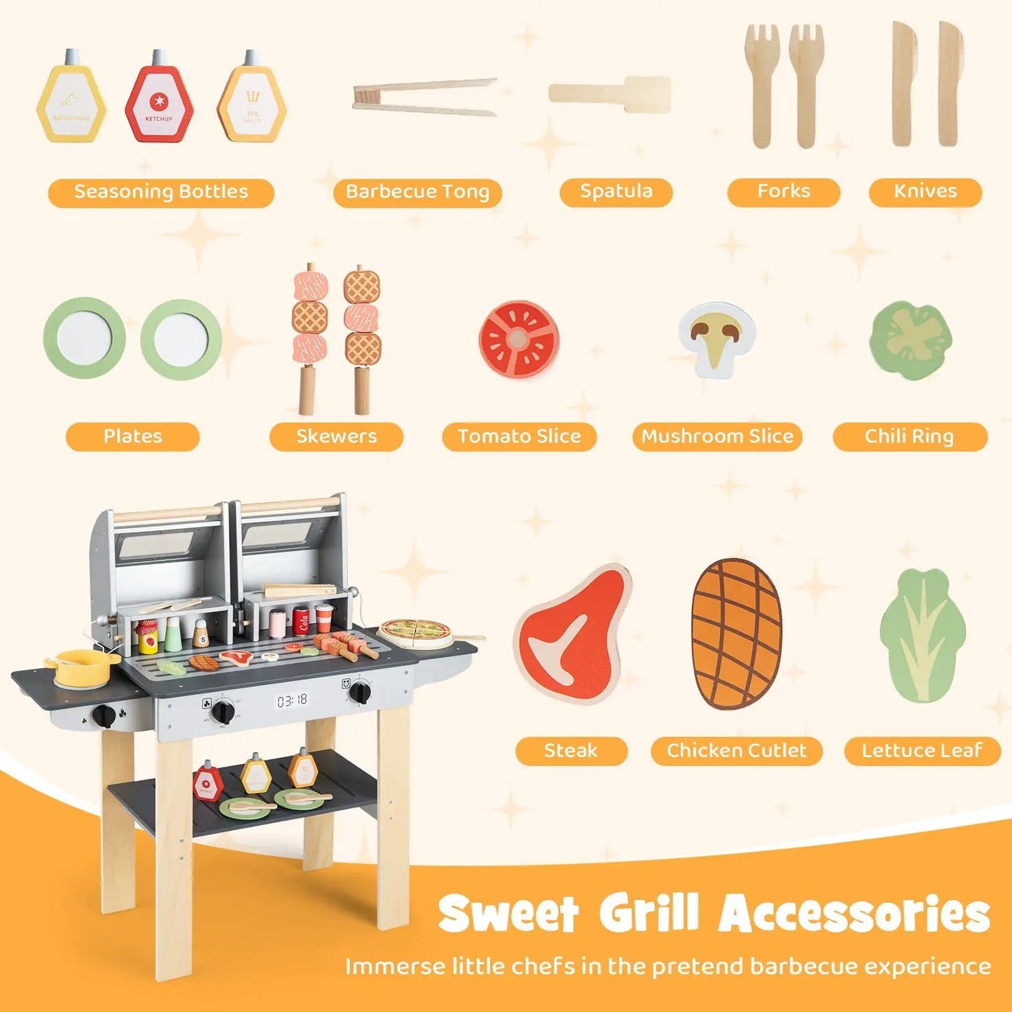 Wooden Kids Barbecue Grill Playset with utensils, skewers, plates and toy foods by DirectDeals on Tampa Home & Garden Store