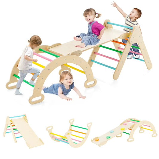 5-in-1 wooden kids climber toy with natural wood frame and multicolor rungs on Tampa Home & Garden Store