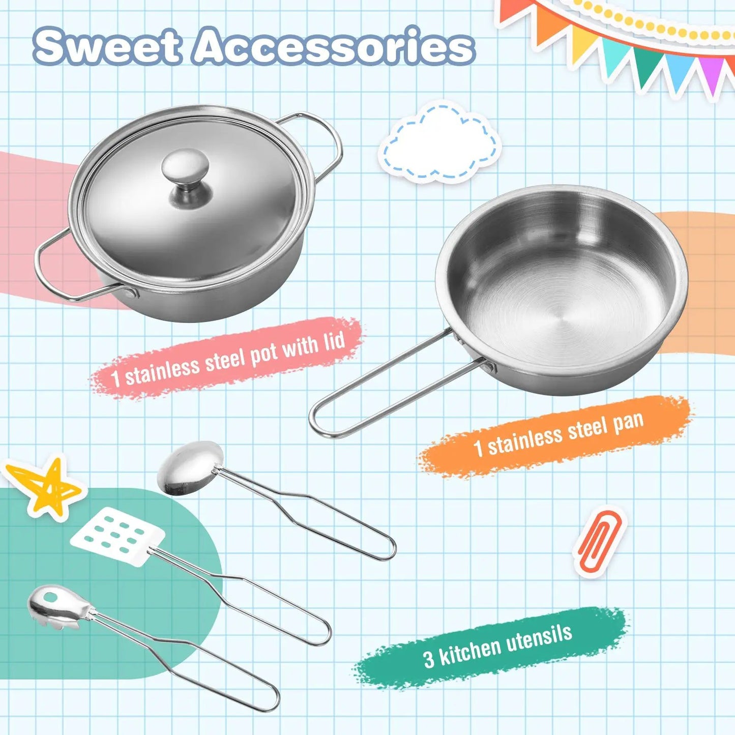 Wooden kitchen playset cookware with 1 stainless pot with lid, 1 stainless pan, and 3 utensils on Tampa Home & Garden Store