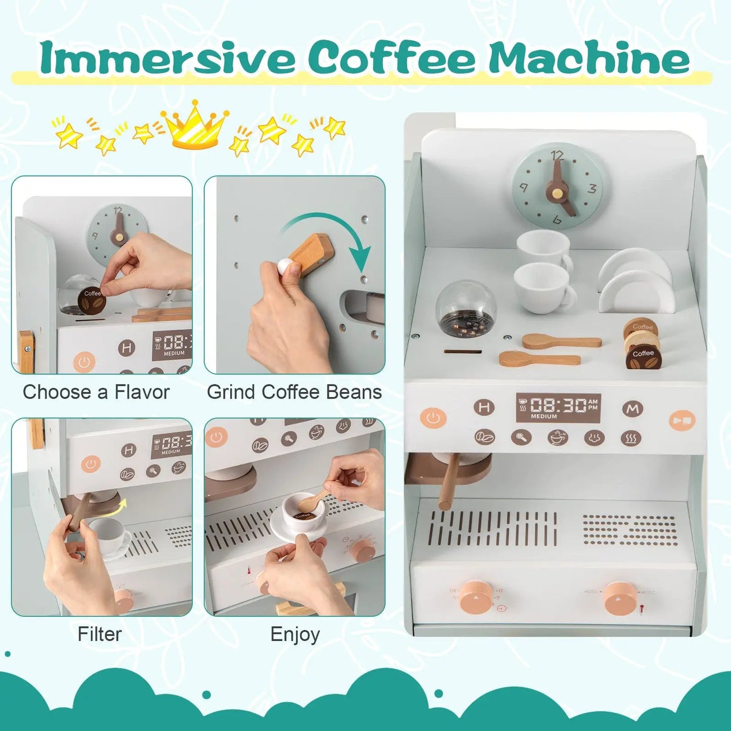 Wooden grocery store playset for pretend shopping by DirectDeals with cups and coffee elements on Tampa Home & Garden Store