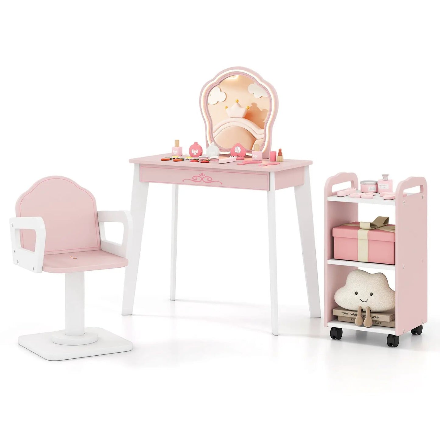 Wooden kids hair salon play set with LED mirror; pink and white finish; includes chair and cart on Tampa Home & Garden Store