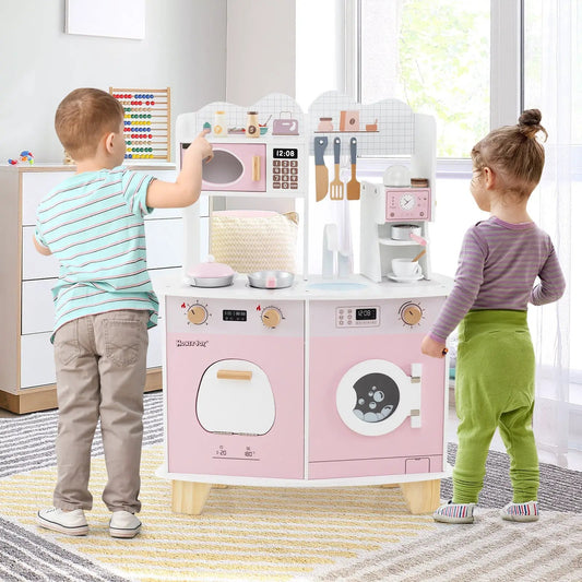 Wooden Kids Kitchen Playset Pink Coffee Maker with oven doors and hanging utensils on Tampa Home & Garden Store