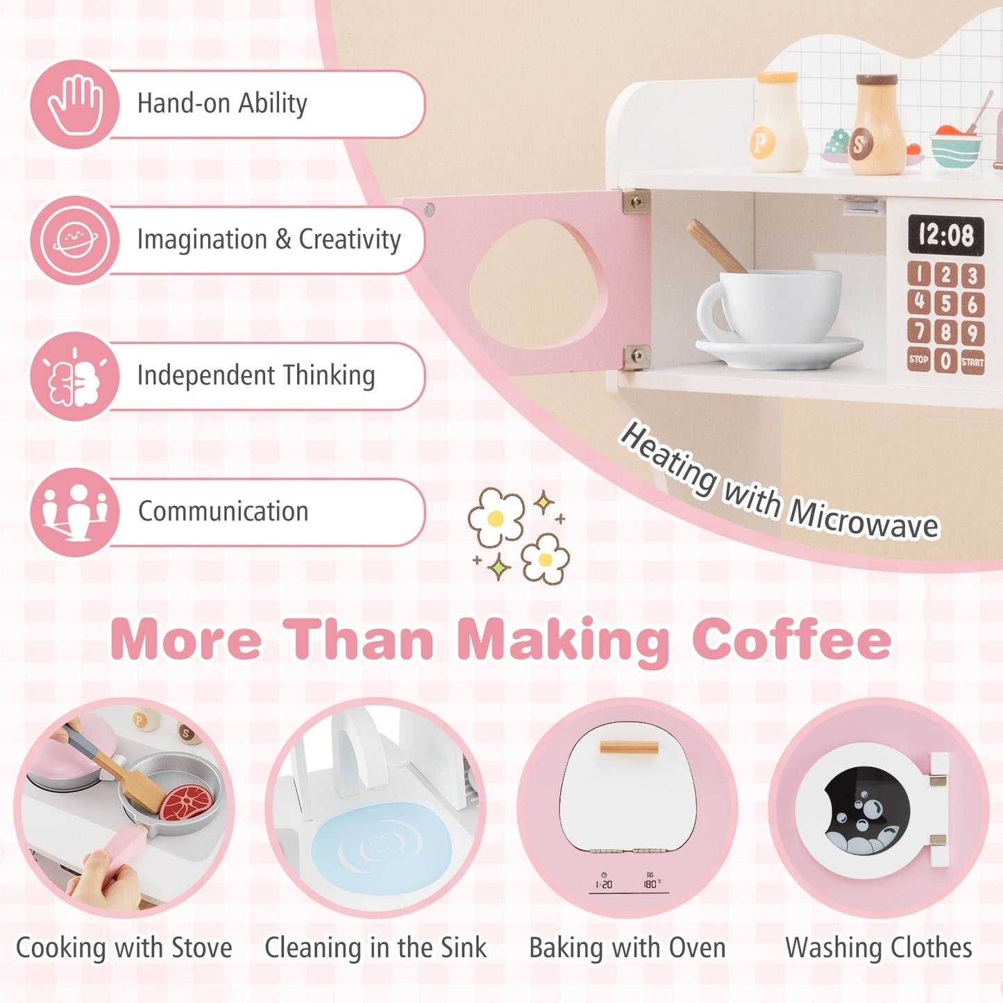 Wooden Kids Kitchen Playset with Coffee Maker for kids-Pink