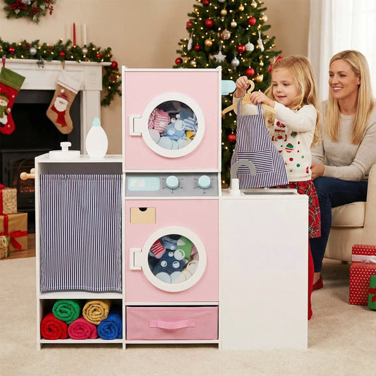 Wooden Kids Laundry Playset pink with detergent bottle and front-loading washers on Tampa Home & Garden Store