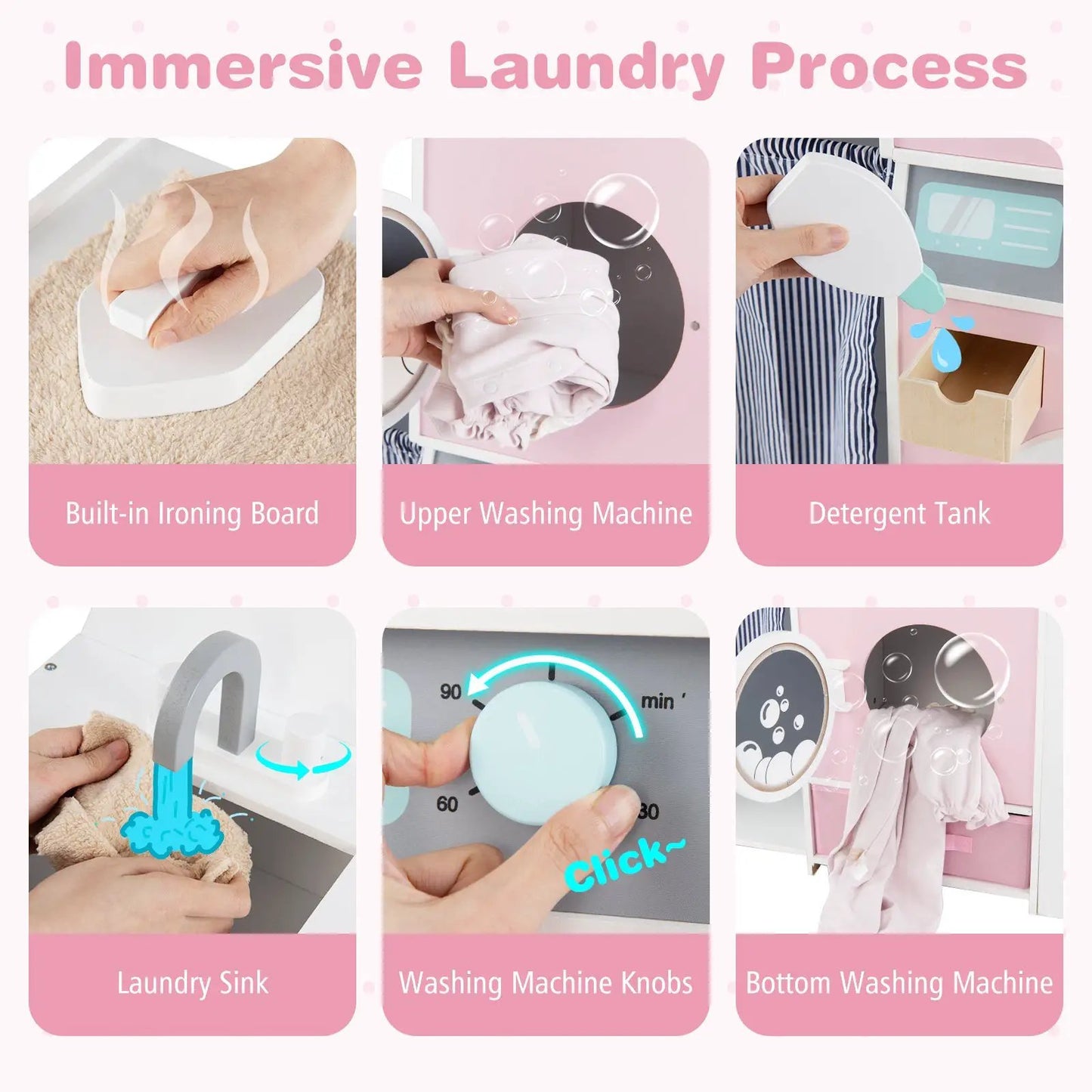 Wooden Kids Laundry Playset with pink Detergent Bottle and ironing board, washing machine on Tampa Home & Garden Store