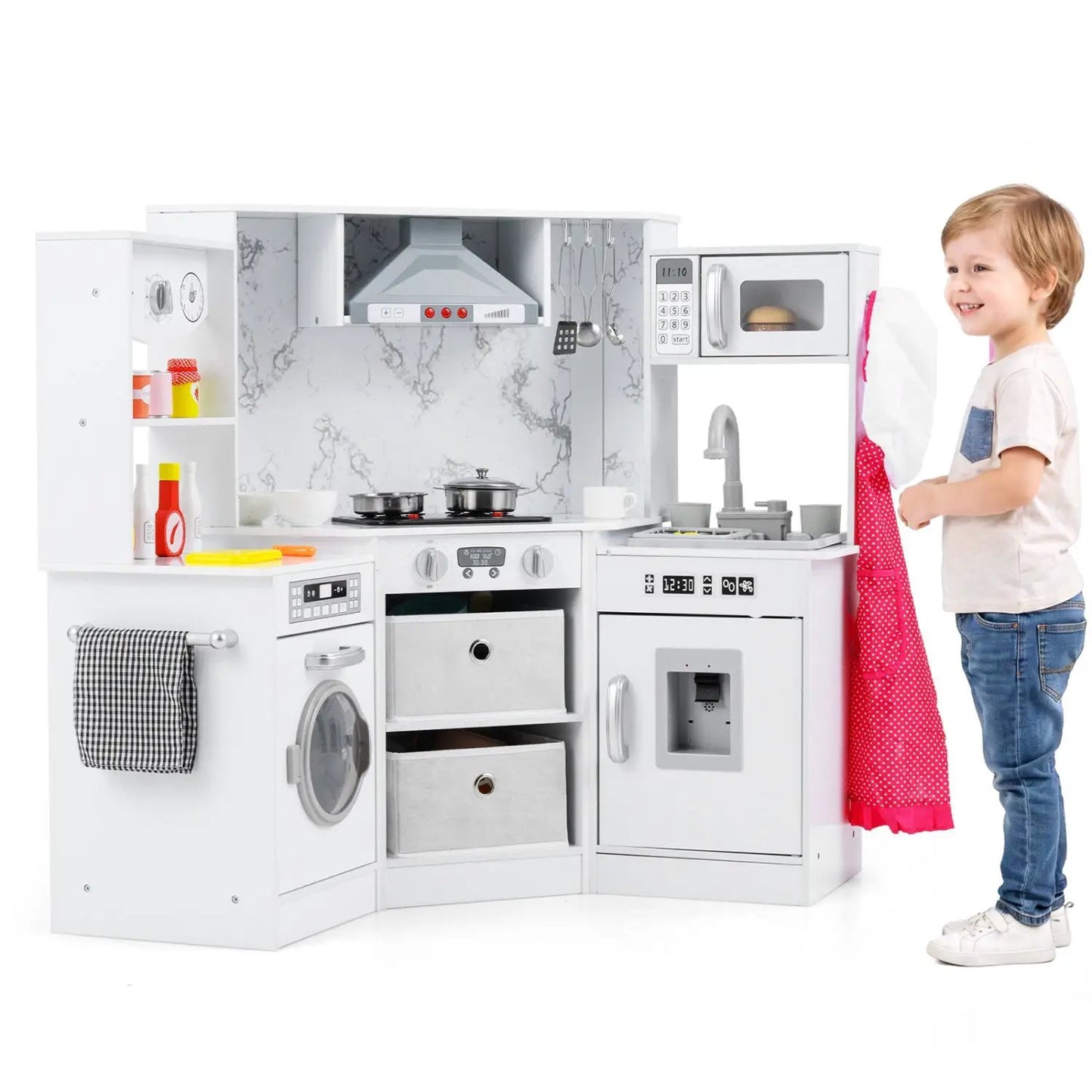 Wooden kids play kitchen with realistic lights, white finish and marble backsplash on Tampa Home & Garden Store