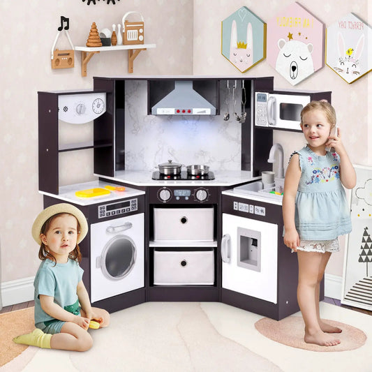 Wooden kids play kitchen with realistic lights brown with white countertops on Tampa Home & Garden Store