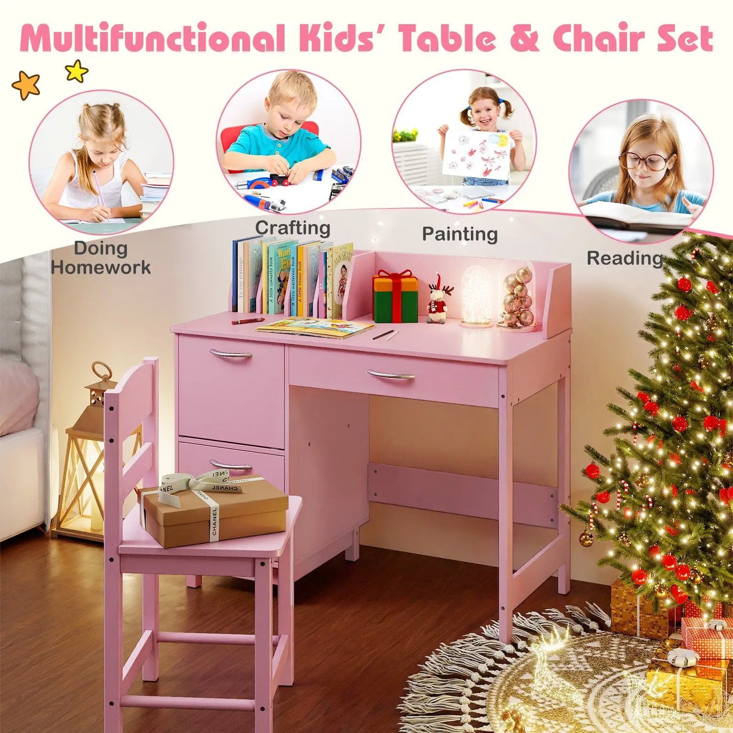 Pink wooden kids study desk and chair set with drawers DirectDeals on Tampa Home & Garden Store
