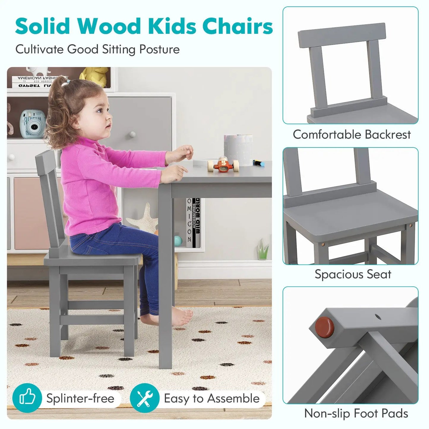 Solid wood kids table and 2 chairs set in grey with anti-slip pads and backrests on Tampa Home & Garden Store