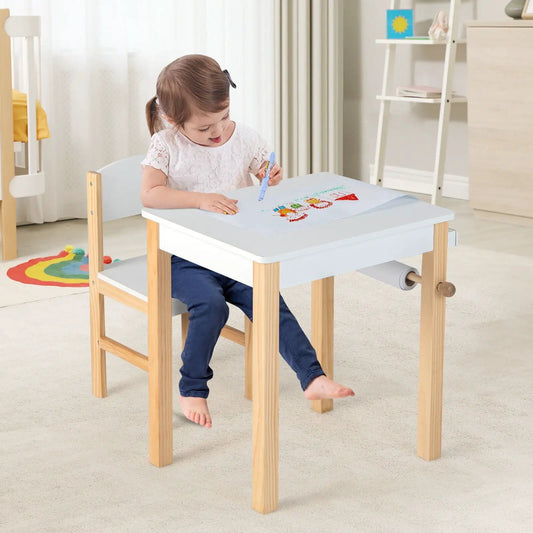 Kids art table and chair set with drawer, white top, natural wood legs, paper roll on Tampa Home & Garden Store
