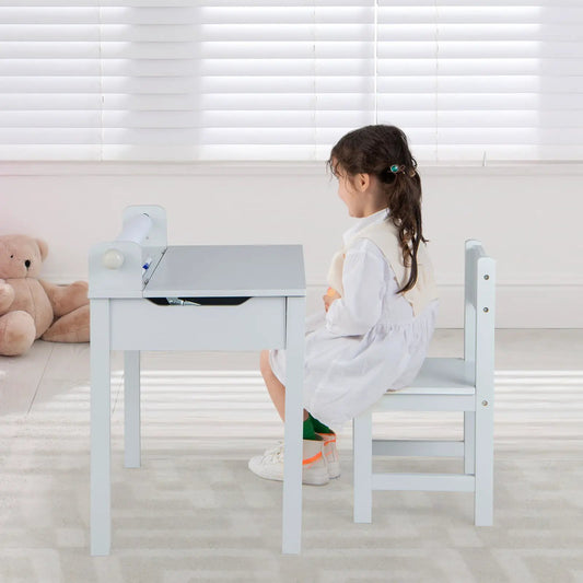 Wooden kids table and chair set in light gray with storage and paper roll holder on Tampa Home & Garden Store