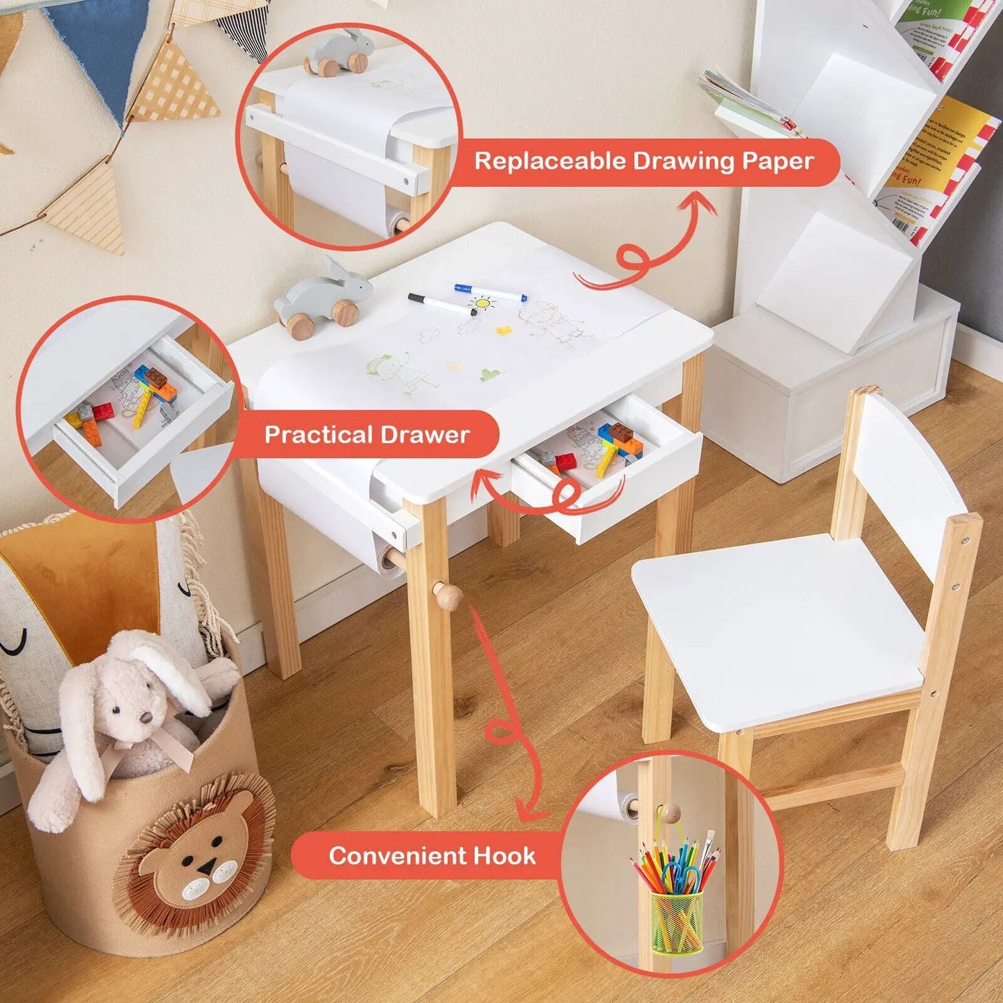 Kids Art Table and Chair Set with Drawer, white finish and paper roll, DirectDeals on Tampa Home & Garden Store
