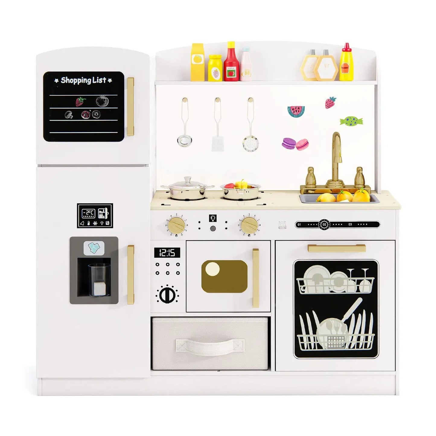 Wooden Kids Kitchen Playset with Chalkboard Sink, white wood with gold-tone hardware on Tampa Home & Garden Store