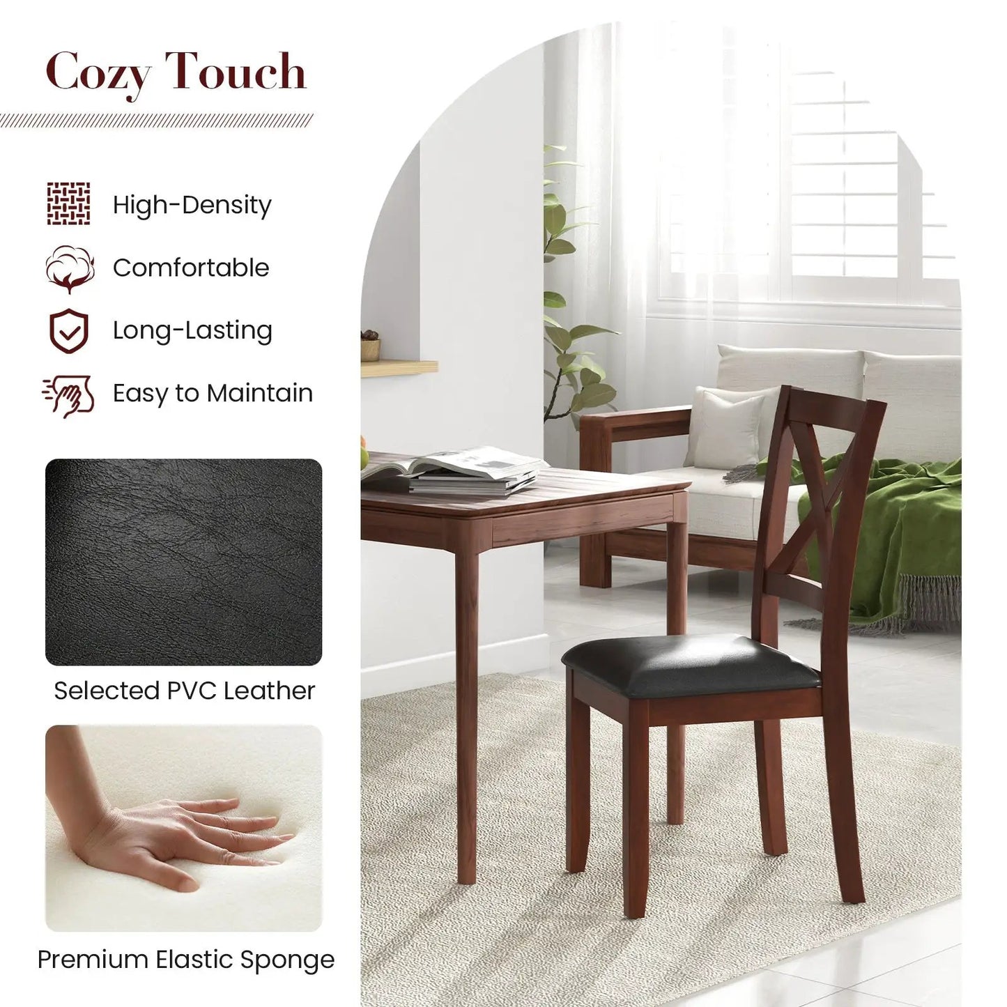 Set of 2 wooden kitchen chairs with padded black seats in dark brown finish on Tampa Home & Garden Store