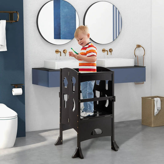 Folding Wooden Step Stool with Lockable Rail, black finish, compact toddler bathroom aid on Tampa Home & Garden Store