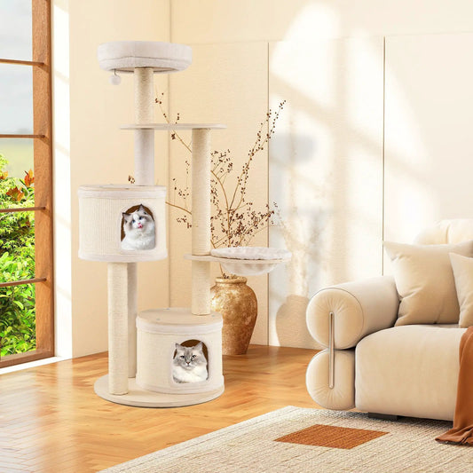 Wooden Kitten Tower with sisal posts and 2 condos DirectDeals cat tree with cats peeking out on Tampa Home & Garden Store