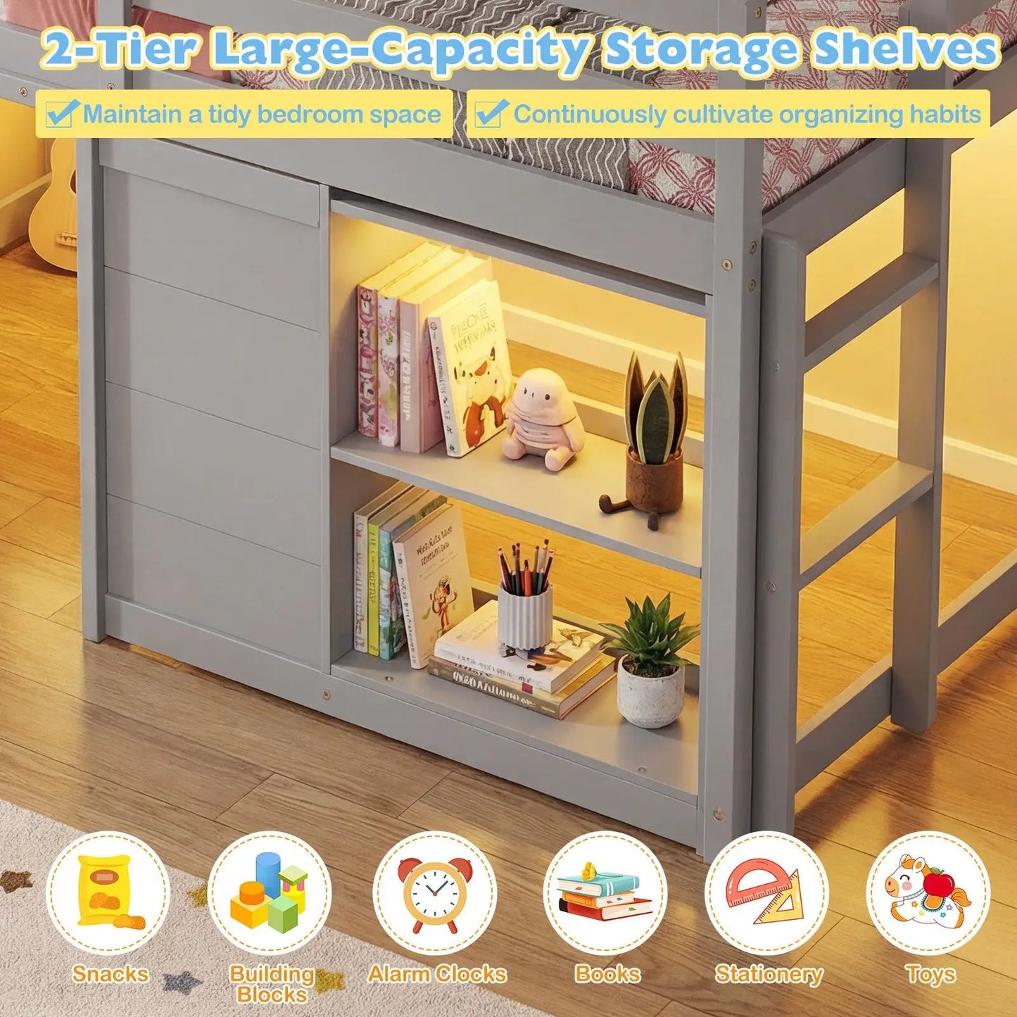 Gray wooden low kids loft bed with LED lighting and built-in shelves and cabinets on Tampa Home & Garden Store
