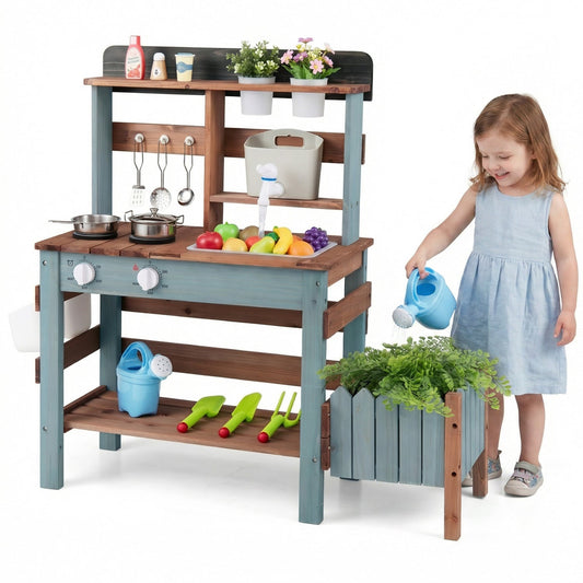 Wooden mud kitchen set with running water faucet, blue frame and brown shelves on Tampa Home & Garden Store