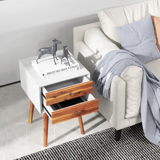 Wooden Nightstand Mid-Century End Side Table with 2 Storage Drawers-Brown - Tampa Home & Garden Store
