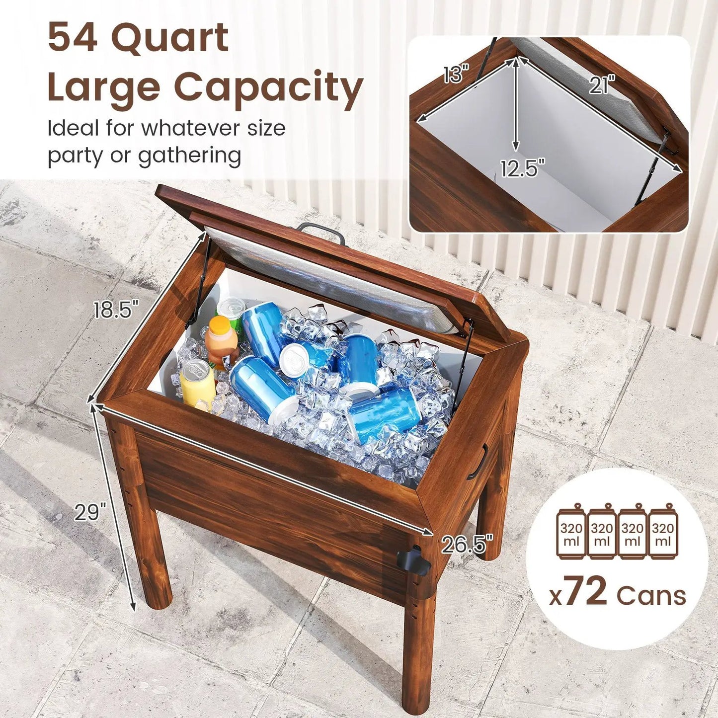 Wooden cooler with 3 handles and bottle opener, brown finish, 54 quart capacity, fits 72 cans on Tampa Home & Garden Store