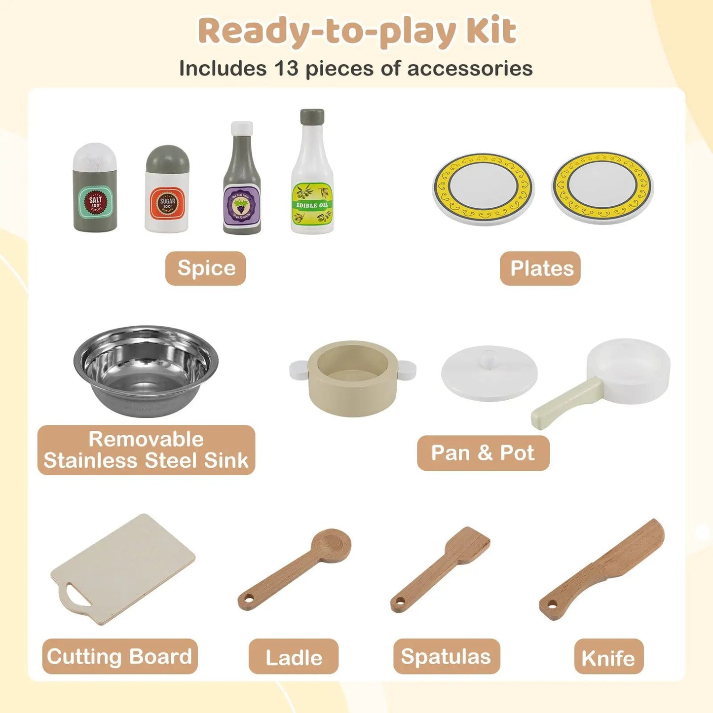 Wooden 13-piece play kitchen set for kids with spice bottles, plates, sink, pan and pot on Tampa Home & Garden Store