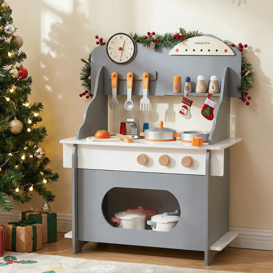 Wooden play kitchen set with clock, orange-handled utensils, pots and pans on Tampa Home & Garden Store