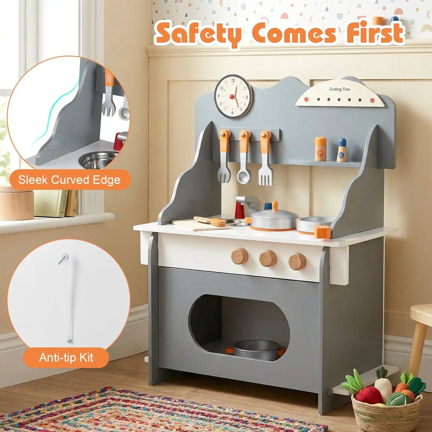 Wooden play kitchen with clock for kids, gray, includes hanging utensils DirectDeals toy kitchen on Tampa Home & Garden Store