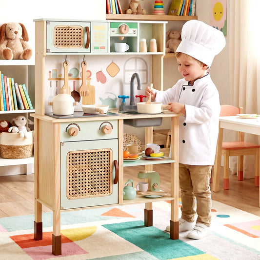 Wooden Play Kitchen for Kids with Lights and Sounds Retro Style With Accessories-Green - Tampa Home & Garden Store