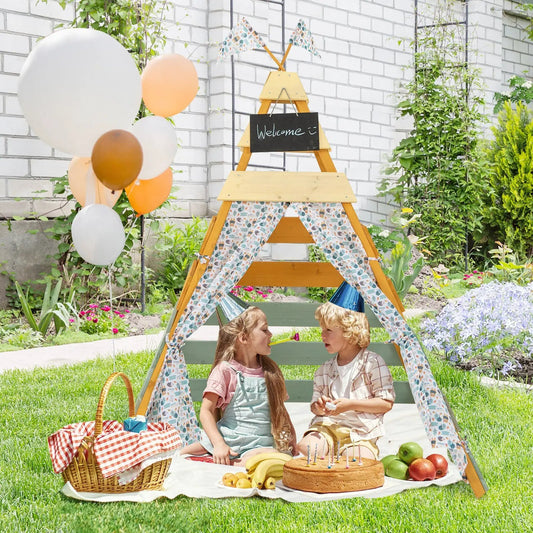 Triangle Hideaway Playhouse with Chalkboard, wooden frame and printed fabric sides on Tampa Home & Garden Store
