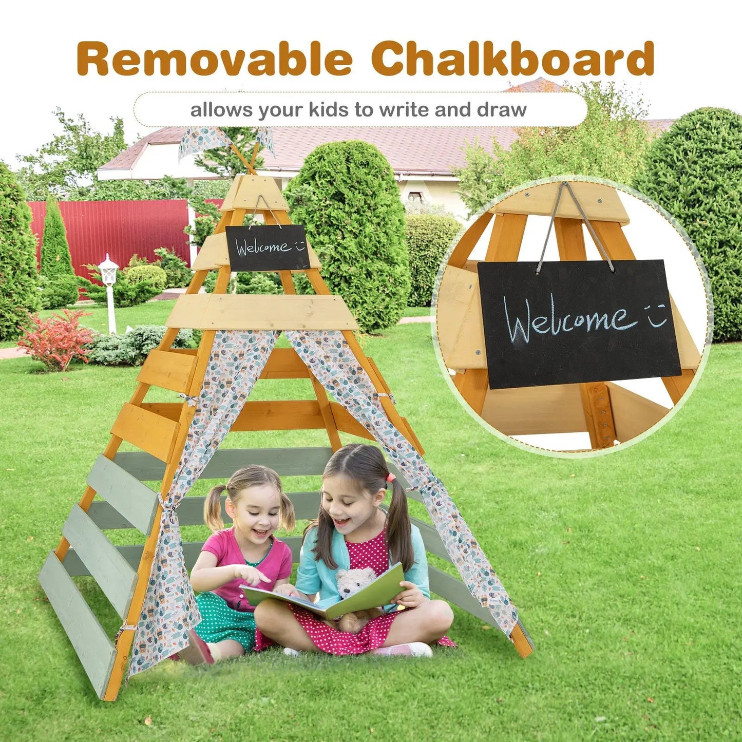 Triangle Hideaway Playhouse with Chalkboard, natural wood teepee for kids featuring a hanging sign on Tampa Home & Garden Store
