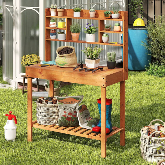Wooden potting bench 61-inch workstation with 3-tier shelves brown finish and garden plants on Tampa Home & Garden Store