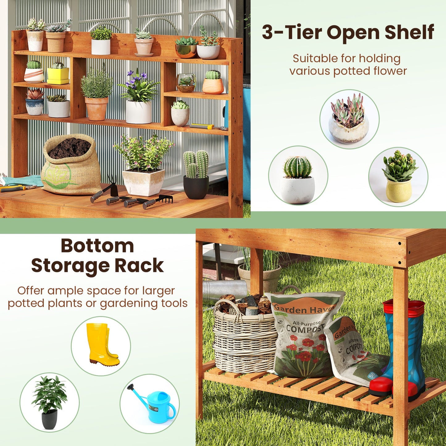 Wooden potting bench table 61in workstation with 3-tier open shelves brown wood DirectDeals on Tampa Home & Garden Store