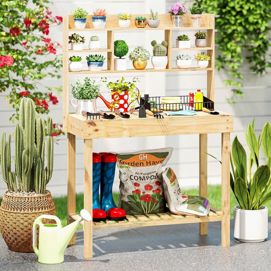Wooden potting bench with 3-tier open shelves, natural pine and potted plants on Tampa Home & Garden Store