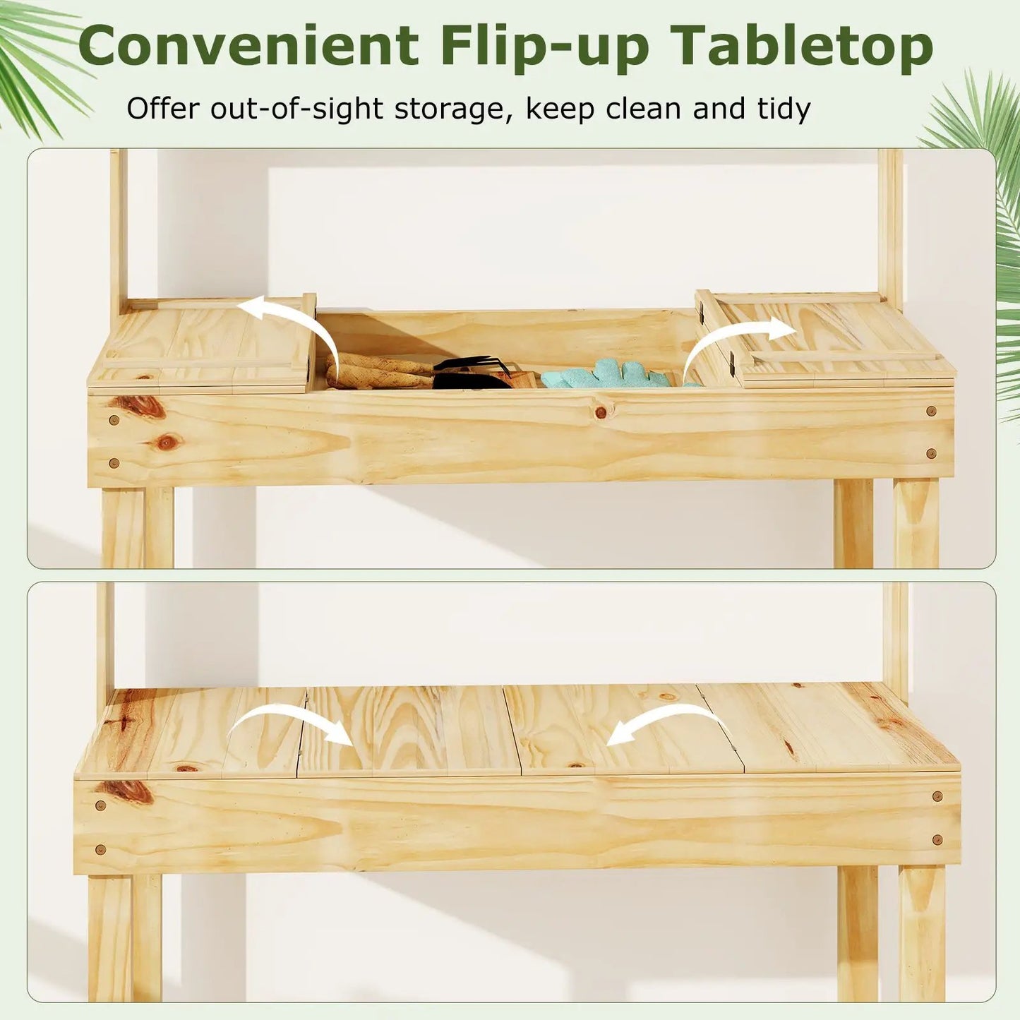 Wooden potting bench table with 3-tier open shelf in natural pine DirectDeals on Tampa Home & Garden Store
